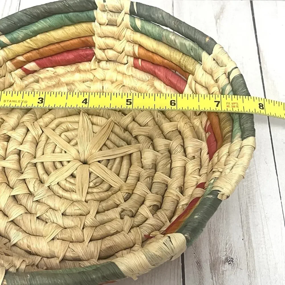 Vintage Handwoven Boho Colorful Straw Corn Husk Basket Rustic Farmhouse Decor